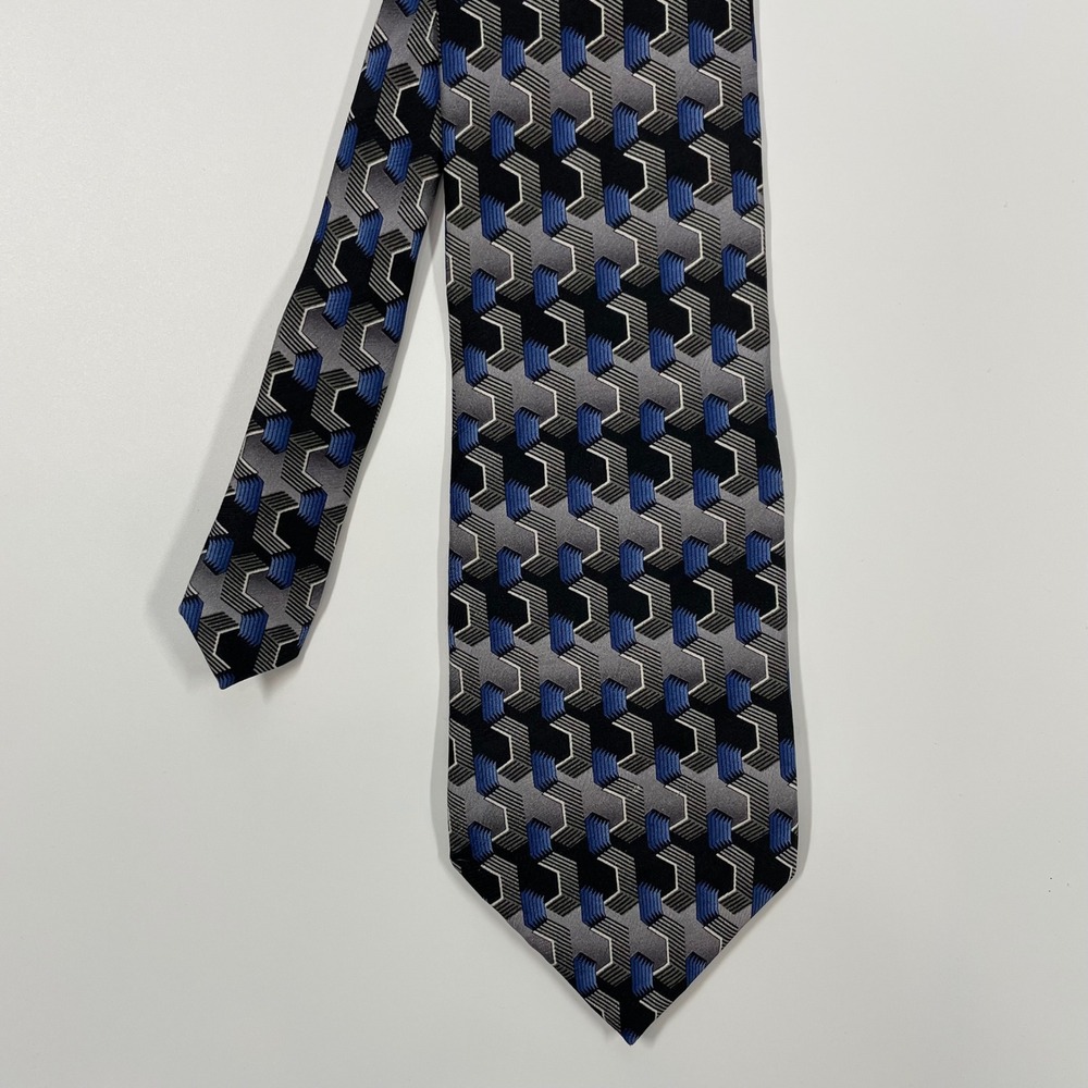 Roffe Blue Grey Geometric 3D Pattern Silk Necktie Mens One Size